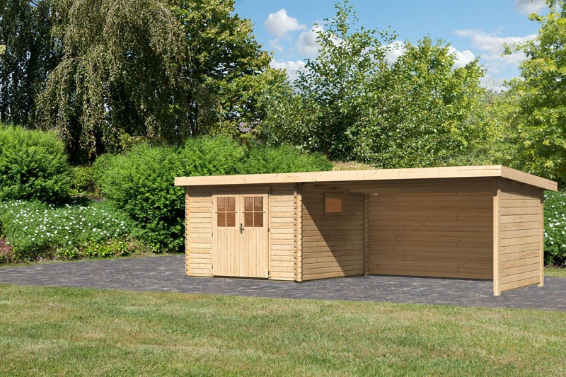 Karibu Holz-Gartenhaus Torgau 3 mit Anbaudach 4,4m + Rückwand + Seitenwand- 40 mm Blockbohlenbau - naturbelassen