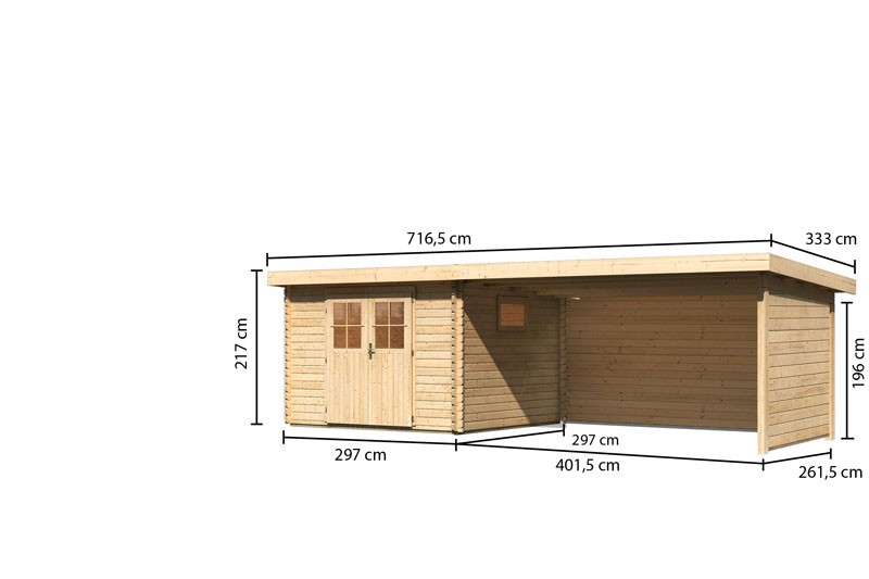 Karibu Holz-Gartenhaus Torgau 3 mit Anbaudach 4,4m + Rückwand + Seitenwand- 40 mm Blockbohlenbau - naturbelassen