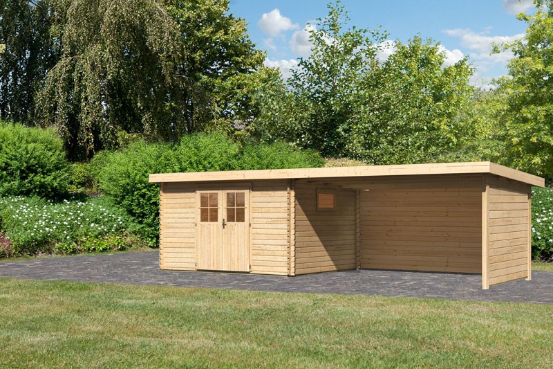Karibu Holz-Gartenhaus Torgau 4 mit Anbaudach 4,4m + Rückwand + Seitenwand - 40 mm Blockbohlenbau - naturbelassen