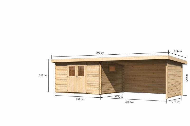 Karibu Holz-Gartenhaus Torgau 4 mit Anbaudach 4,4m + Rückwand + Seitenwand - 40 mm Blockbohlenbau - naturbelassen