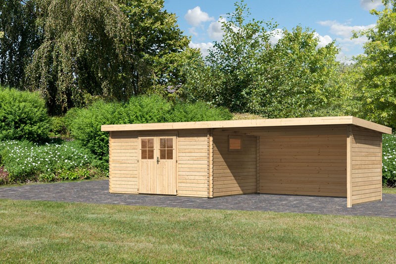 Karibu Holz-Gartenhaus Torgau 5 mit Anbaudach 4,4m + Rückwand + Seitenwand - 40 mm Blockbohlenbau - naturbelassen