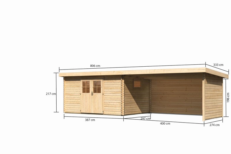 Karibu Holz-Gartenhaus Torgau 5 mit Anbaudach 4,4m + Rückwand + Seitenwand - 40 mm Blockbohlenbau - naturbelassen