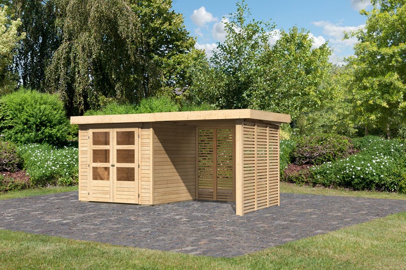Woodfeeling Holz-Gartenhaus Askola 2 mit Anbaudach 2,4m + Lamellenwänden - 19 mm Schraub-/Stecksystem - naturbelassen