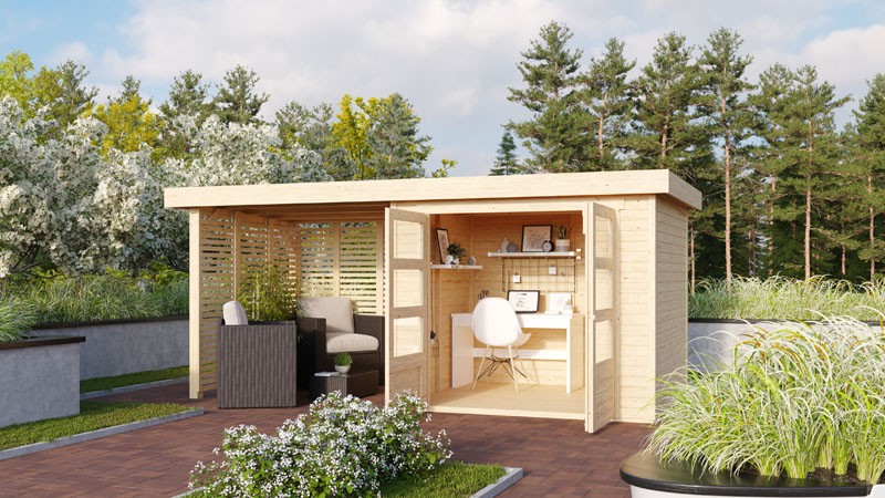 Woodfeeling Holz-Gartenhaus Askola 3 mit Anbaudach 2,4m + Lamellenwänden - 19 mm Schraub-/Stecksystem - naturbelassen