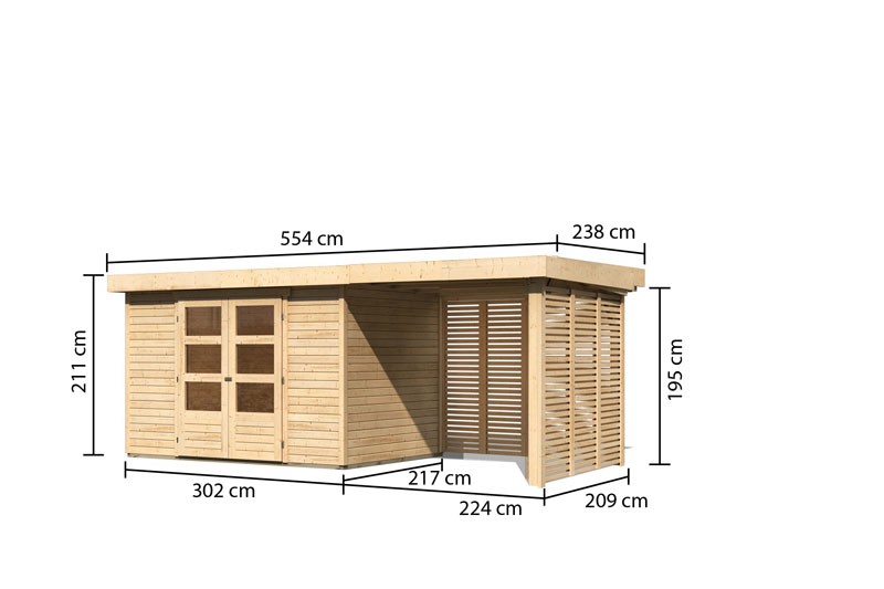 Woodfeeling Holz-Gartenhaus Askola 4 mit Anbaudach 2,4m + Lamellenwänden - 19 mm Schraub-/Stecksystem - naturbelassen