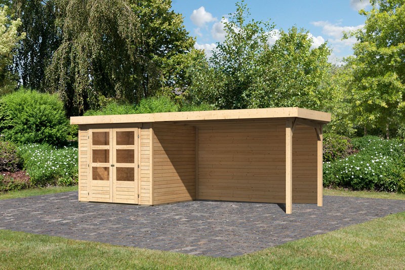 Woodfeeling Holz-Gartenhaus Askola 2 mit Anbaudach 2,8m + Rückwand - 19 mm Schraub-/Stecksystem - naturbelassen