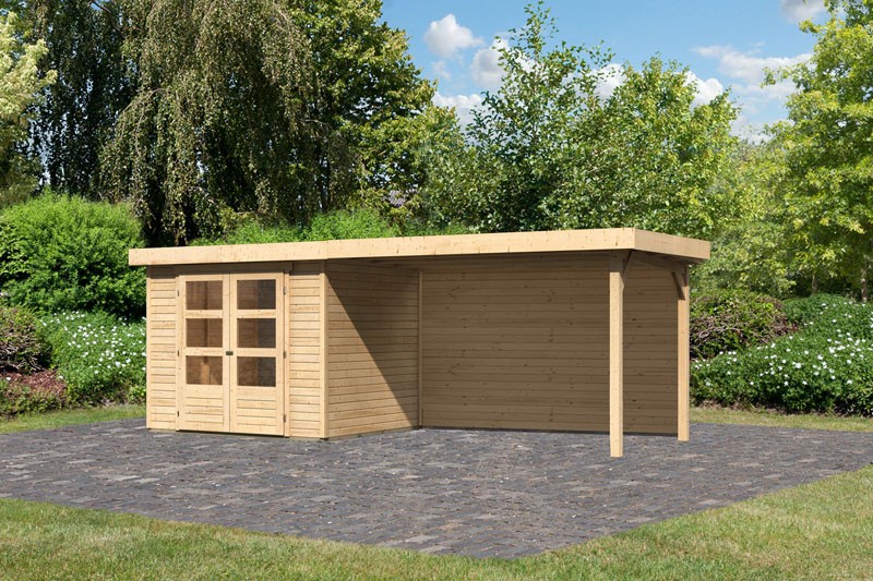 Woodfeeling Holz-Gartenhaus Askola 3 mit Anbaudach 2,8m + Rückwand - 19 mm Schraub-/Stecksystem - naturbelassen