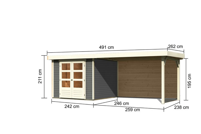 Woodfeeling Holz-Gartenhaus Askola 3,5 mit Anbaudach 2,8m + Rückwand - 19 mm Schraub-/Stecksystem - terragrau