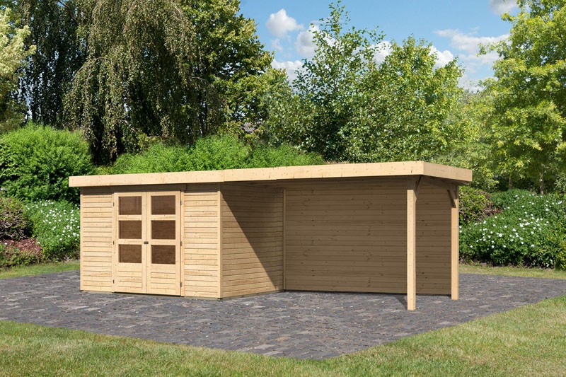 Woodfeeling Holz-Gartenhaus Askola 4 mit Anbaudach 2,8m + Rückwand - 19 mm Schraub-/Stecksystem - naturbelassen