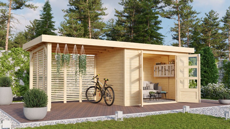 Woodfeeling Holz-Gartenhaus Askola 4 mit Anbaudach 2,8m + Lamellenwänden - 19 mm Schraub-/Stecksystem - naturbelassen
