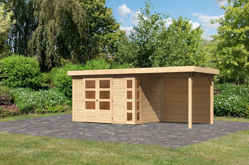 Woodfeeling Holz-Gartenhaus Kerko 4 mit Anbaudach 2,4m + Rückwand - 19 mm Schraub-/Stecksystem - naturbelassen