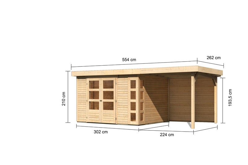 Karibu Holz-Gartenhaus Kerko 5 mit 2,4m Anbaudach + Rückwand - 19 mm - Schraub-/Stecksystem - naturbelassen