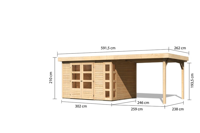 Woodfeeling Holz-Gartenhaus Kerko 5 mit Anbaudach 2,8m - 19 mm Schraub-/Stecksystem - naturbelassen