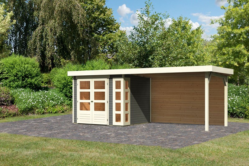 Woodfeeling Gartenhaus Kerko 3 mit Anbaudach 2,8m + Rückwand - 19 mm Schraub-/Stecksystem - terragrau