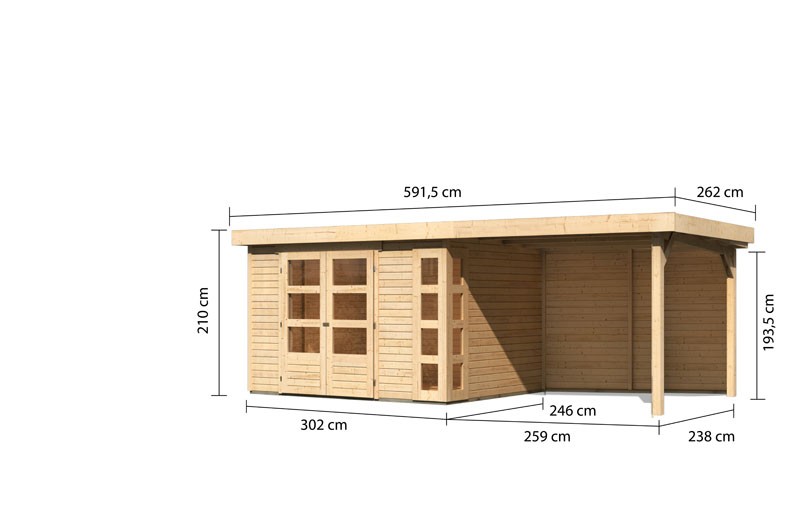 Woodfeeling Holz-Gartenhaus Kerko 5 mit Anbaudach 2,8m + Rückwand - 19 mm Schraub-/Stecksystem - naturbelassen
