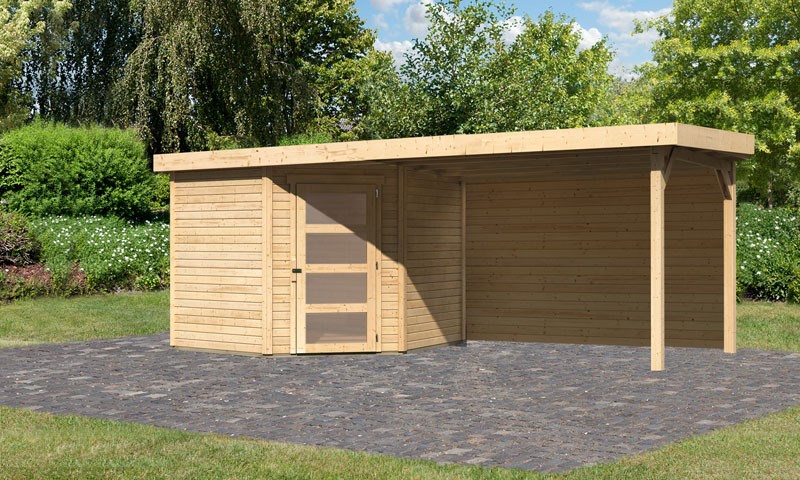 Woodfeeling Holz-Gartenhaus Schwandorf 5 mit Anbaudach 2,8m + Rückwand - 19 mm Schraub-/Stecksystem - naturbelassen
