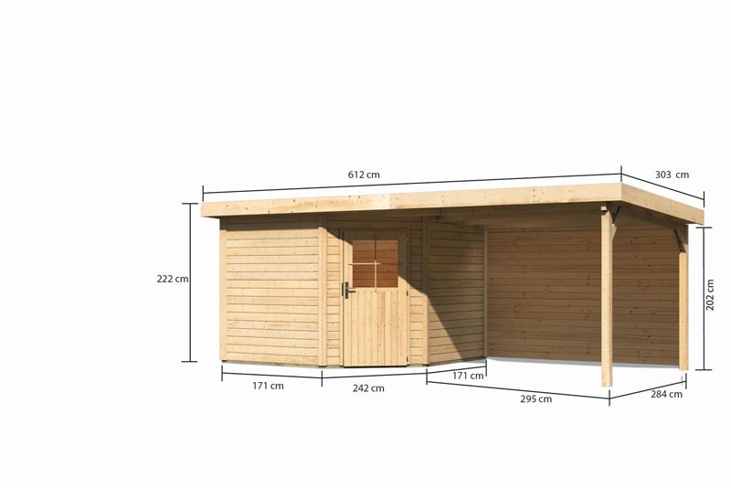 Karibu Gartenhaus Neuruppin 3 im Set mit einem Anbaudach Breite 3,2 m und 28mm Rückwand naturbelassen