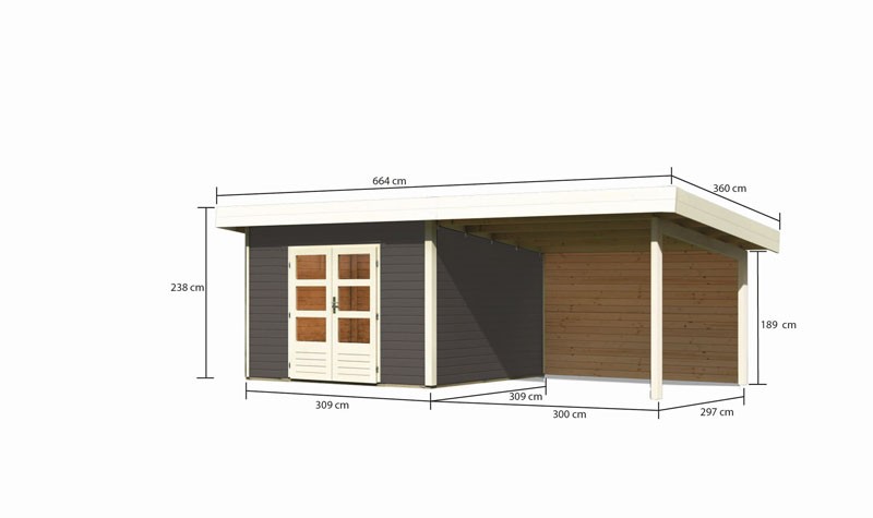 Karibu Gartenhaus Northeim 3 im Set mit einem Anbaudach Breite 3,3 m und 28mm  Rückwand terragrau