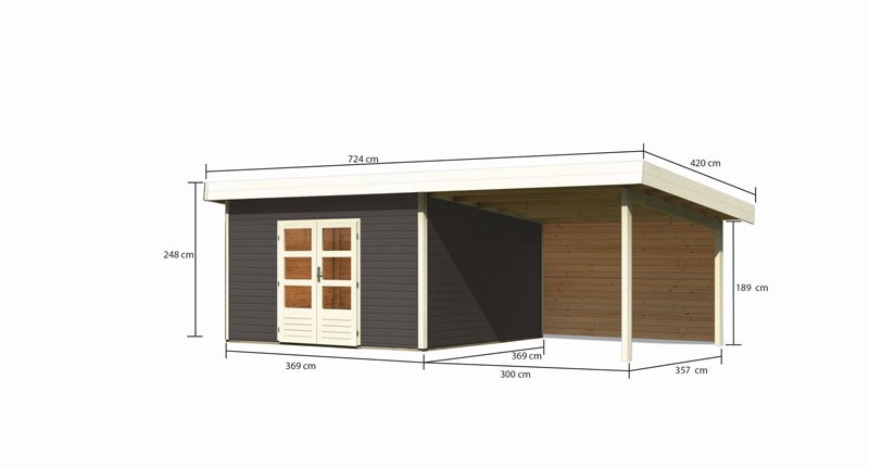 Karibu Gartenhaus Northeim 5 im Set mit einem Anbaudach Breite 3,3 m und 28mm  Rückwand terragrau
