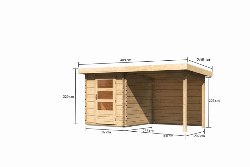 Woodfeeling Holz-Gartenhaus Bastrup 1 - Anbaudach 2m - Rückwand - 28 mm Schraub-/Stecksystem - naturbelassen