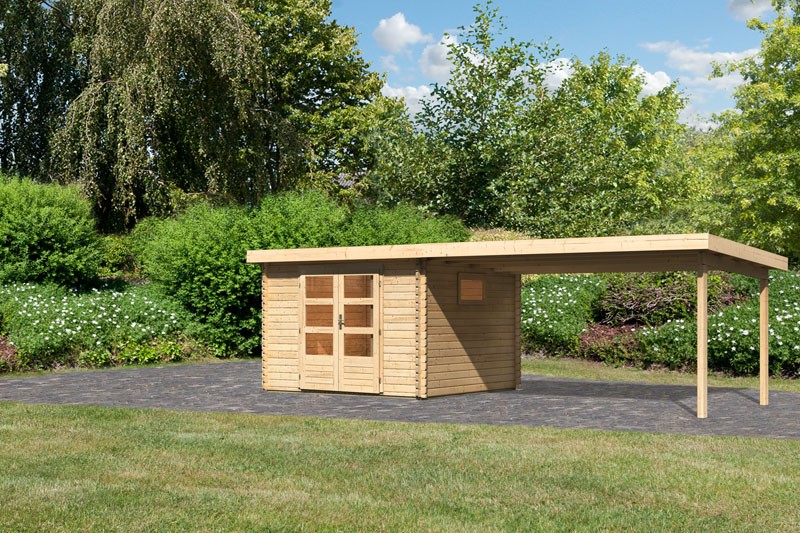 Karibu Gartenhaus  Trittau 3 im Set mit Anbaudach 4,4 m Rück- und Seitenwand naturbelassen