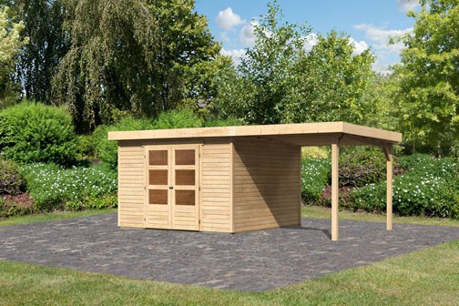 Woodfeeling Holz-Gartenhaus Askola 6 mit Anbaudach 2,4m + Rückwand - 19 mm Schraub-/Stecksystem - naturbelassen