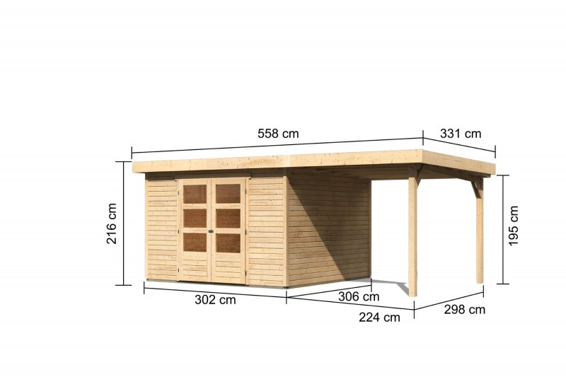 Woodfeeling Holz-Gartenhaus Askola 6 mit Anbaudach 2,4m + Rückwand - 19 mm Schraub-/Stecksystem - naturbelassen