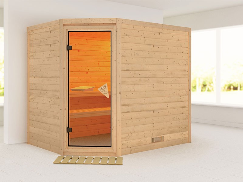 Karibu 40mm Comfort Massivholzsauna Tanami - Eckeinstieg - Ganzglastür bronziert - ohne Dachkranz