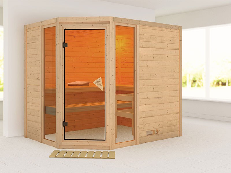 Karibu 40mm Comfort Massivholzsauna Sinai 3 - Eckeinstieg - Ganzglastür bronziert - 2 große Fenster - ohne Dachkranz 