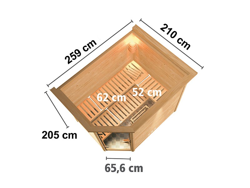 Karibu 40mm Comfort Massivholzsauna Tanami - Eckeinstieg - Ganzglastür bronziert - mit Dachkranz