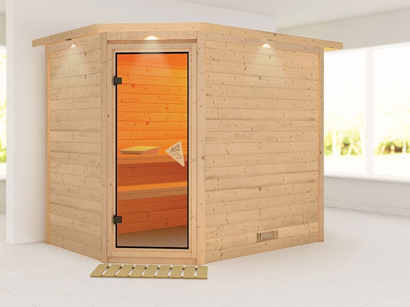 Karibu 40mm Comfort Massivholzsauna Tanami - Eckeinstieg - Ganzglastür bronziert - mit Dachkranz