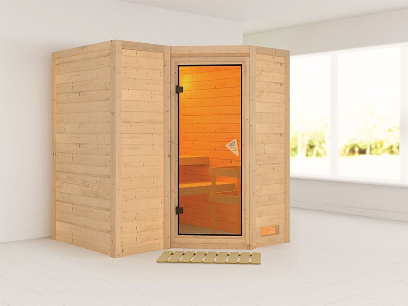 Karibu 40mm Comfort Massivholzsauna Sahib 1 - Eckeinstieg - Ganzglastür bronziert - ohne Dachkranz
