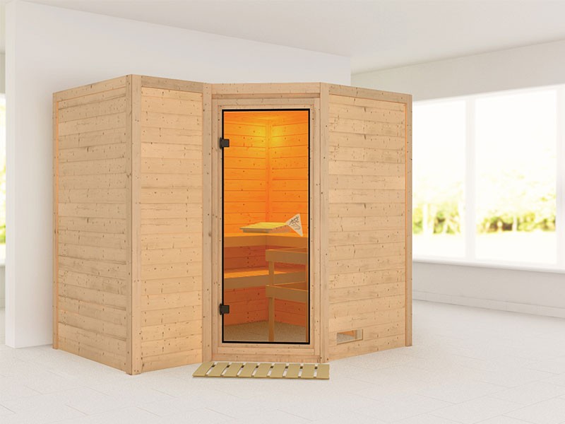 Karibu 40mm Comfort Massivholzsauna Sahib 2 - Eckeinstieg - Ganzglastür bronziert - ohne Dachkranz