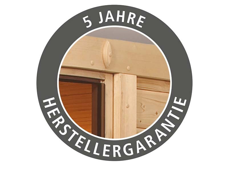 Karibu 68mm Systembausauna Taurin - Eckeinstieg - Ganzglastür bronziert - mit Dachkranz - 4,5kW Saunaofen mit integr. Steuerung