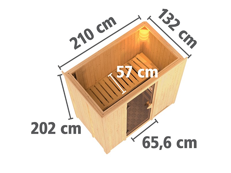 Karibu 68mm Systembausauna Variado - Fronteinstieg - Ganzglastür graphit - mit Dachkranz - 4,5kW Saunaofen mit integr. Steuerung