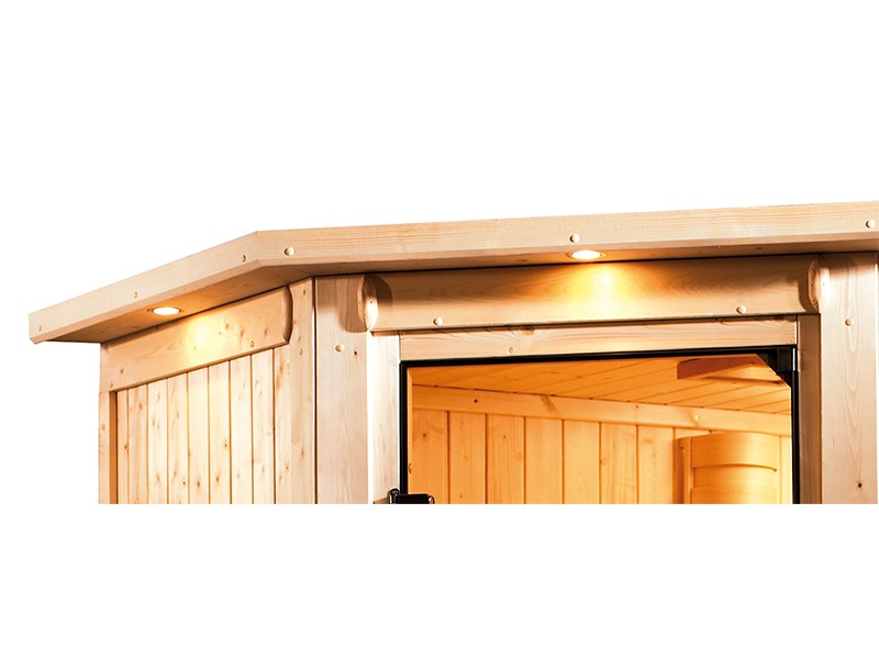Karibu 68mm Systembausauna Carin - Eckeinstieg - Ganzglastür bronziert - mit Dachkranz - 4,5kW Saunaofen mit integr. Steuerung
