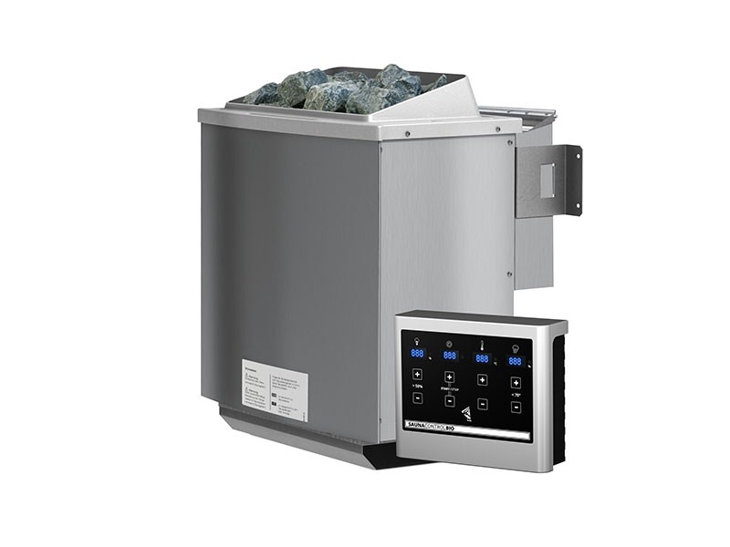 Karibu 68mm Systembausauna Sodin - Fronteinstieg - Ganzglastür graphit - mit Dachkranz - 4,5kW Bio-Kombiofen mit externer Steuerung Easy bio