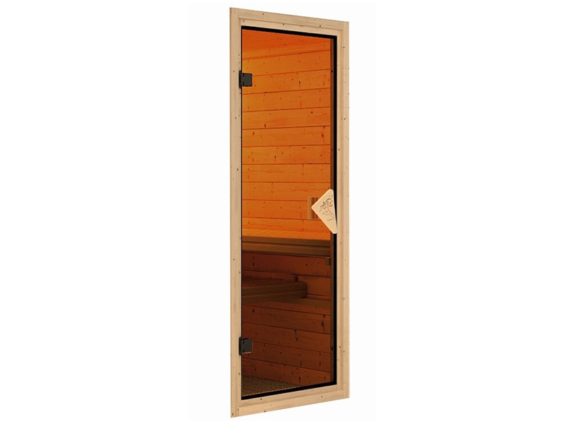 Karibu 40mm Comfort Massivholzsauna Sinai 3 - Eckeinstieg - Ganzglastür bronziert - 2 große Fenster - ohne Dachkranz - 9kW Saunaofen mit integr. Steuerung