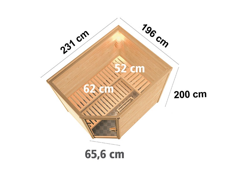 Karibu 40mm Comfort Massivholzsauna Tanami - Eckeinstieg - Ganzglastür bronziert - ohne Dachkranz - 9kW Saunaofen mit integr. Steuerung