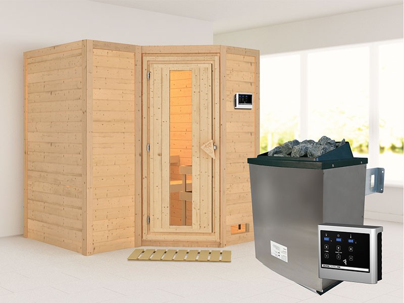 Karibu 40mm Comfort Massivholzsauna Sahib 1 - Eckeinstieg - Energiespartür - ohne Dachkranz - 9kW Saunaofen mit externer Steuerung Easy 