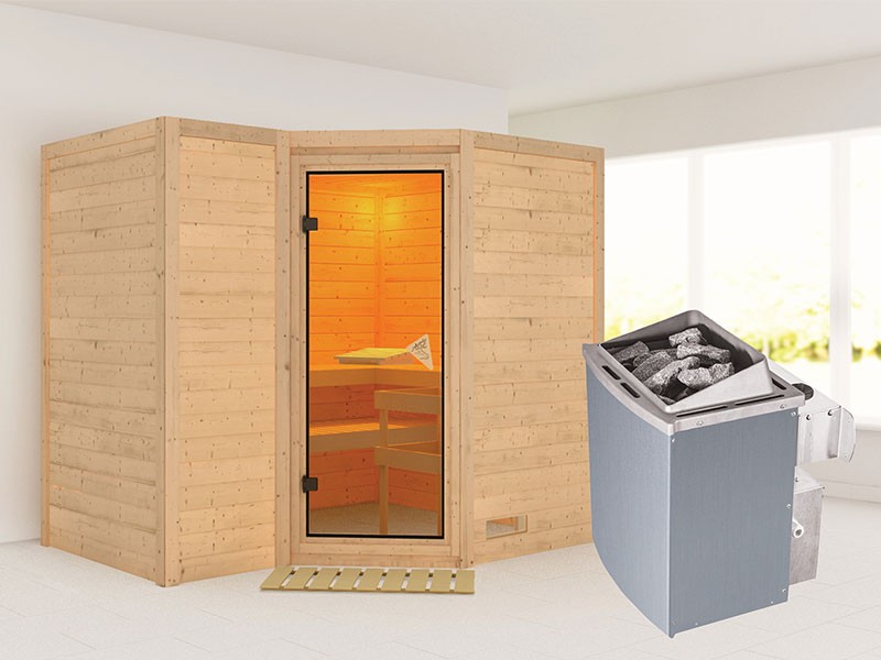 Karibu 40mm Comfort Massivholzsauna Sahib 2 - Eckeinstieg - Ganzglastür bronziert - ohne Dachkranz - 9kW Saunaofen mit integr. Steuerung