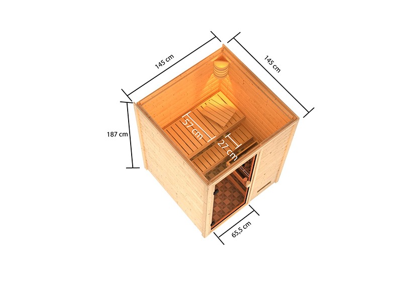 Woodfeeling 38 mm Massivholzsauna Sandra - für niedrige Räume - ohne Dachkranz - 4,5kW Saunaofen mit integr. Steuerung