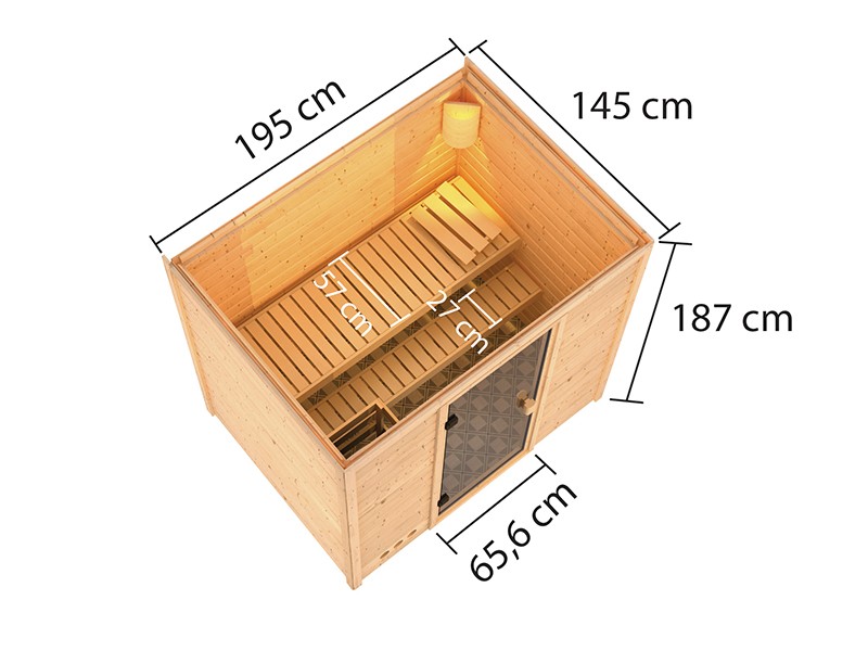 Woodfeeling 38 mm Massivholzsauna Selena - für niedrige Räume - ohne Dachkranz - 4,5kW Saunaofen mit externer Steuerung Easy
