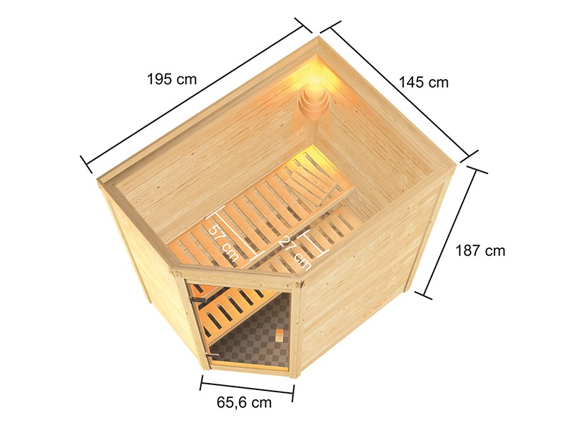 Woodfeeling 38 mm Massivholzsauna Jella - für niedrige Räume - ohne Dachkranz - 4,5kW Saunaofen mit integr. Steuerung