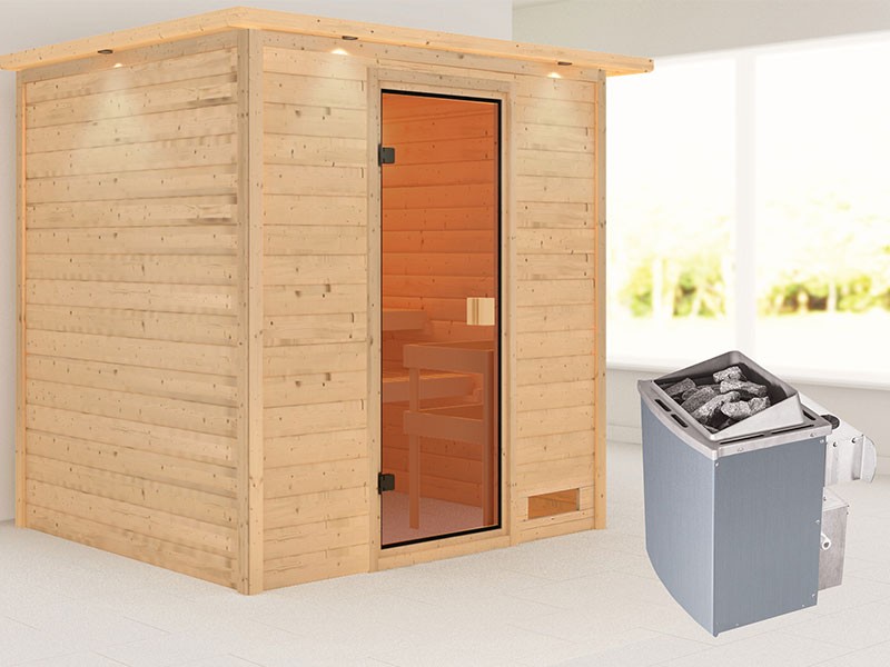 Karibu Innensauna Adelina - 38 mm Blockbohlensauna - für niedrige Räume - mit Dachkranz - 4,5kW Saunaofen mit integr. Steuerung