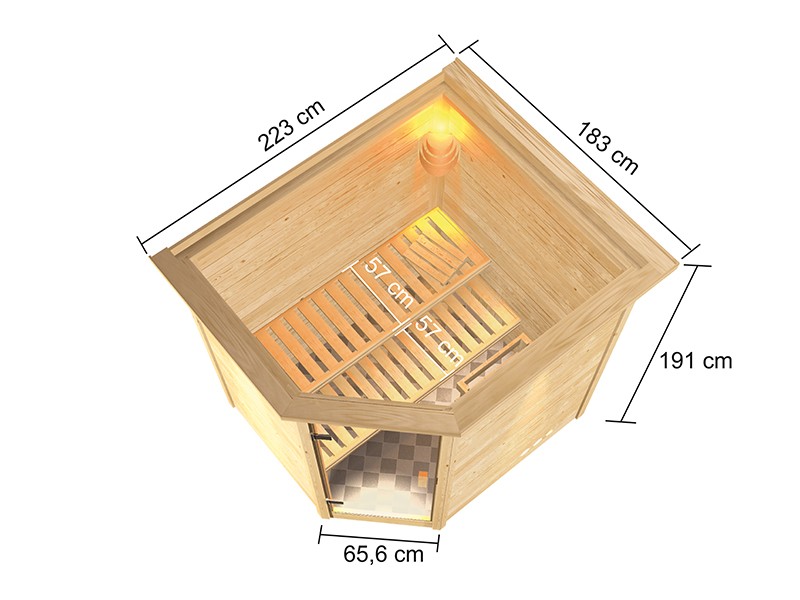 Woodfeeling 38 mm Massivholzsauna Elea - für niedrige Räume - mit Dachkranz - 4,5kW Saunaofen mit externer Steuerung Easy