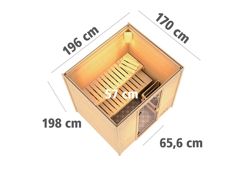 Karibu Innensauna Anja - 38 mm Blockbohlensauna - Energiespartür - ohne Dachkranz - 4,5kW Saunaofen mit externer Steuerung Easy Bio