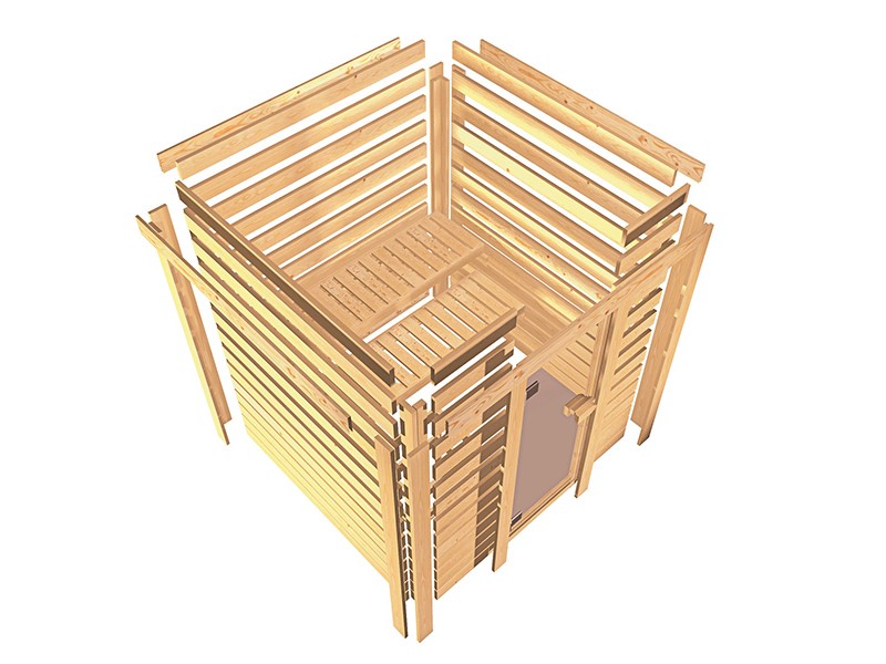 Karibu Innensauna Mia - 38 mm Blockbohlensauna - Ganzglastür bronziert - ohne Dachkranz - 4,5kW Saunaofen mit externer Steuerung Easy Bio