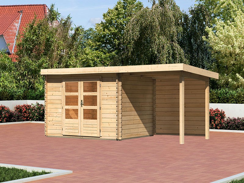 Karibu Holz-Gartenhaus Malta Premium 2 mit 2m Anbaudach + Rückwand - 28mm Blockbohlenbau - naturbelassen - inkl. Boden