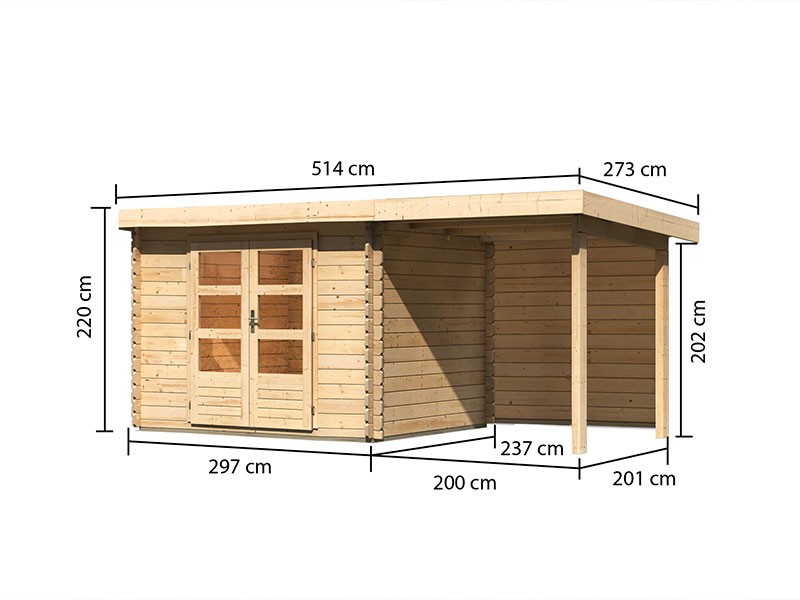 Karibu Holz-Gartenhaus Malta Premium 2 mit 2m Anbaudach + Rückwand - 28mm Blockbohlenbau - naturbelassen - inkl. Boden